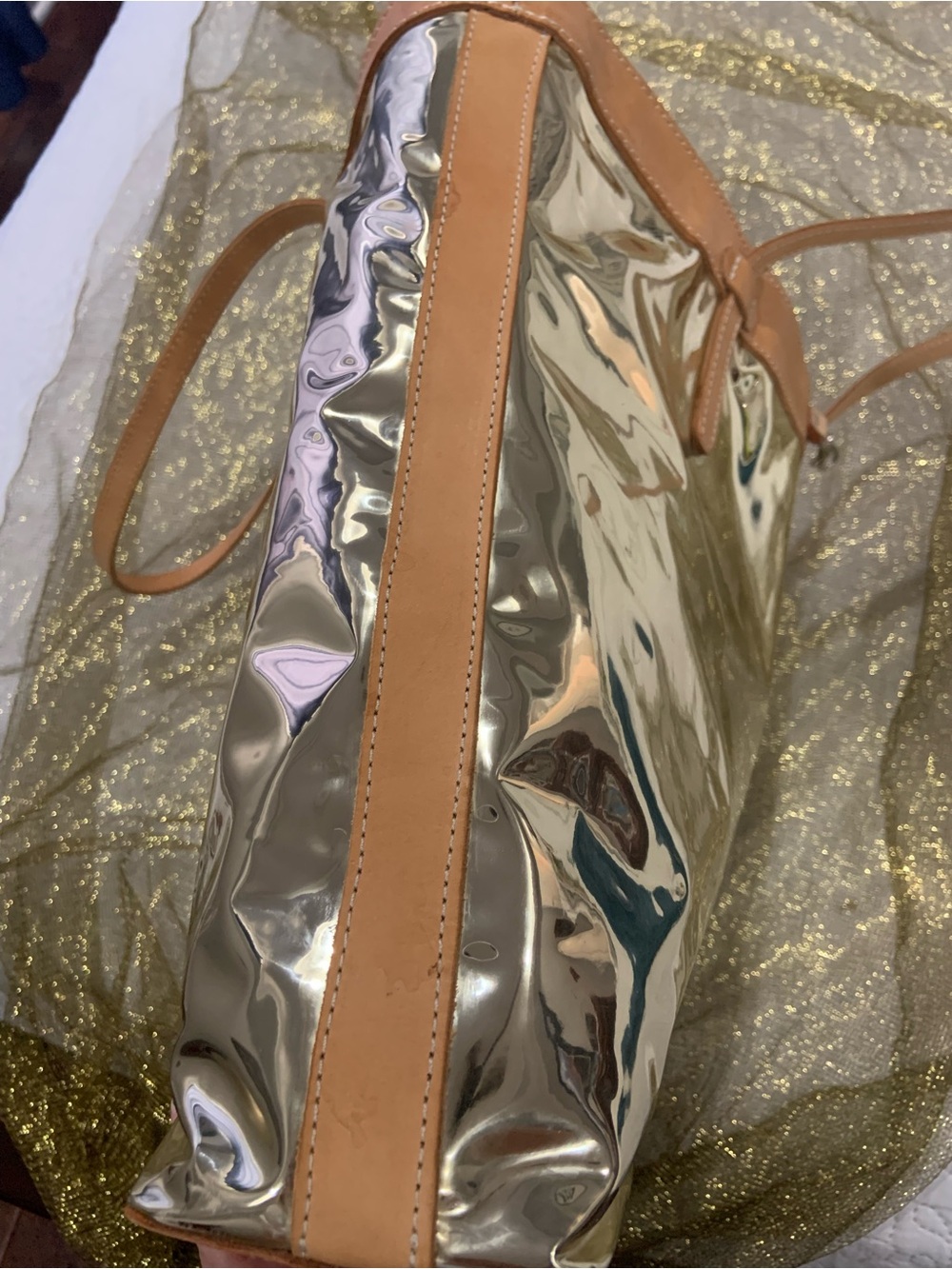 Consuela Shiny Gold Tote with Tan Trim - Picture 11 of 14